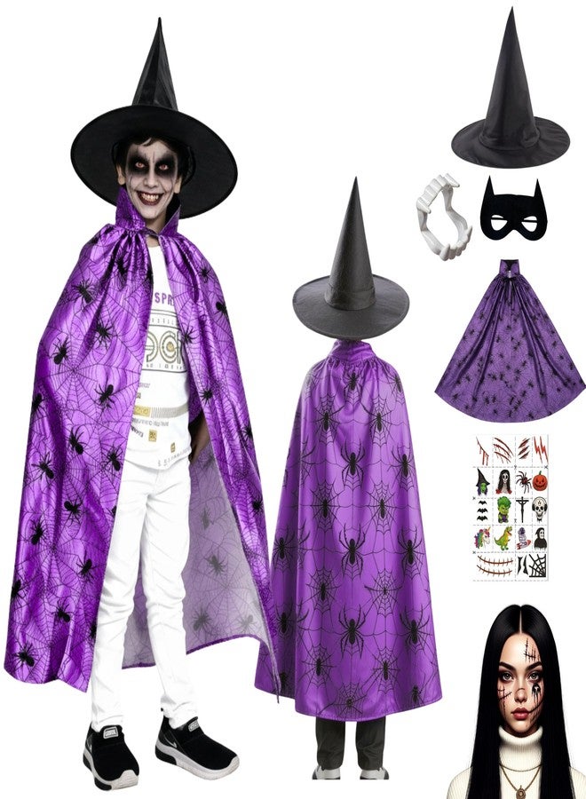 Sarvda Halloween Spider Web Cape for Kids| Purple & Black Spider Costume for Boys & Girls| Hat and Dracula Teeth| Halloween Stickers| For 2 to 8 Years Kids - Image 1
